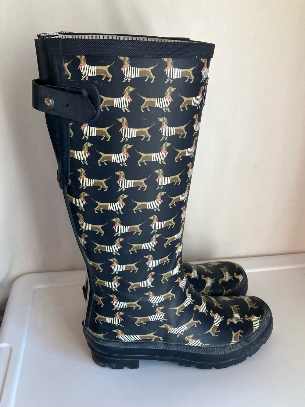 Joules Black tan Dachshund Weiner Dog Print Tall Rain Boots Wellies women’s 7
